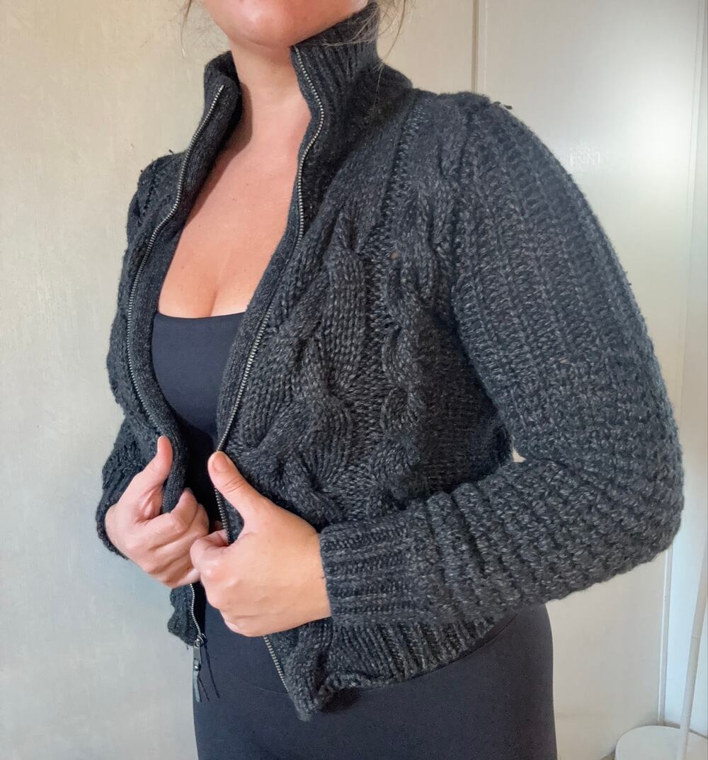 LOFT Cable Knit Zip Up Sweater Cardigan Wool Blend Gray Small